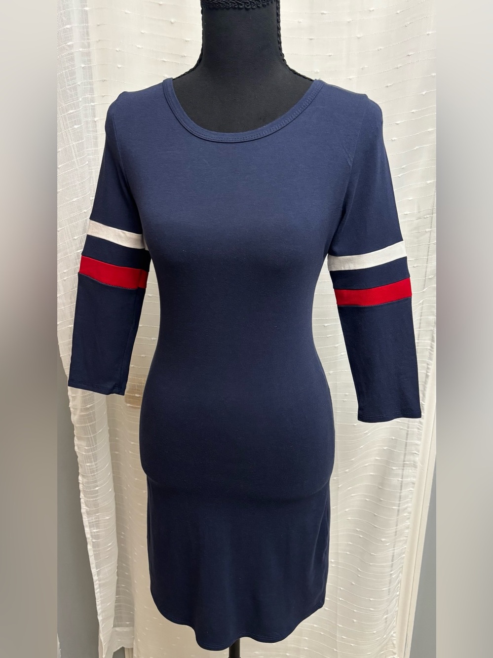 Heart & Hips Navy Midi Dress with Red and White Sleeve Stripes